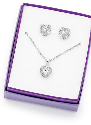 Sterling Silver Cubic Zirconia  Heart Halo Earrings & Pendant Set