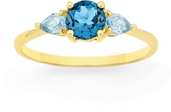 9ct Gold London Blue, Swiss Blue Topaz Trilogy Ring
