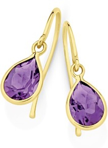 9ct Gold Amethyst Pear Cut Bezel Hook Earrings