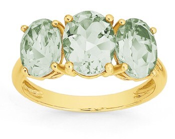 9ct Gold Green Amethyst Oval Trilogy Ring