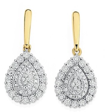 9ct Two Tone Gold Diamond Pear Cluster Drop Stud Earrings