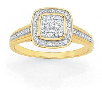 9ct Gold Diamond Cushion Shape Shoulder Set Dress Ring