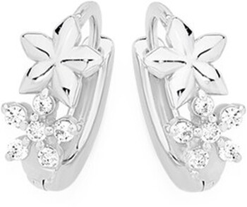 Sterling Silver Cubic Zirconia  & Plain 2 Flowers Hoop Earrings