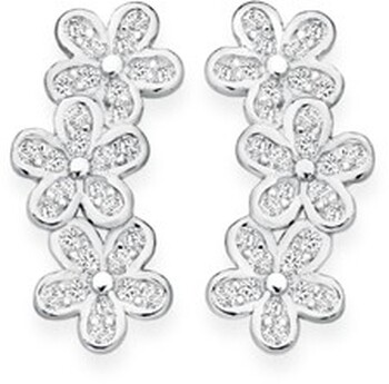 Sterling Silver Cubic Zirconia  Three Flowers Earcurve Earrings
