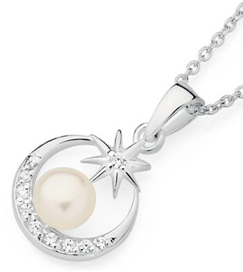 Sterling Silver Cultured Freshwater Pearl Cubic Zirconia  Celestial Pendant