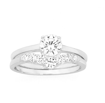 Sterling Silver Cubic Zirconia Solitaire With V Cubic Zirconia Eternity Ring Set