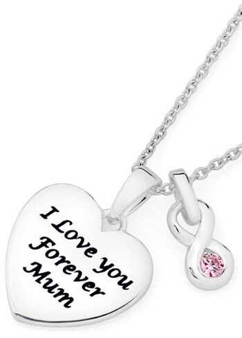 Sterling Silver Love You Mum Message Heart Disc Pendant With Pink Cubic Zirconia  Infinity Charm
