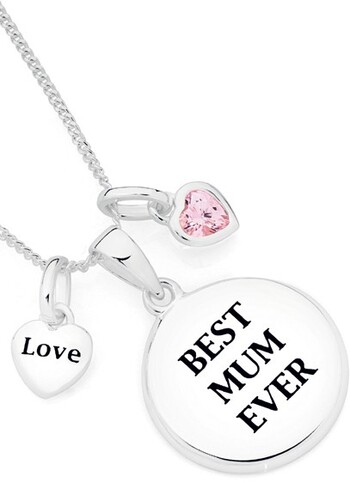 Sterling Silver Best Mum Disc with Pink Cubic Zirconia Heart Pendant