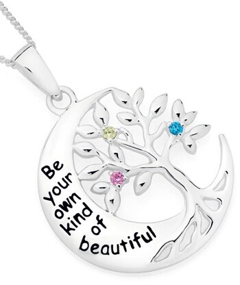 Sterling Silver Multi Colour Cubic Zirconia  Tree & Moon Message Pendant