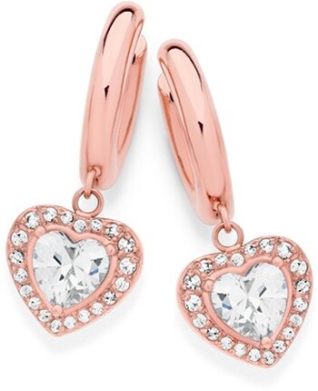 Rose Plated Stainless Steel Cubic Zirconia Heart Cluster Hoop Earrings