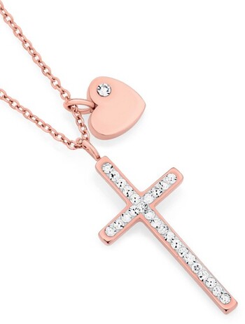 Rose Plated Stainless Steel Crystal Cross with Heart Charm Pendant