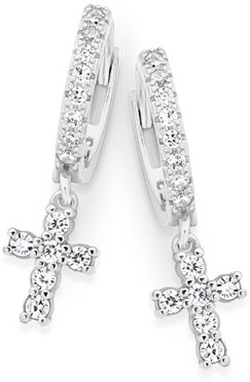 Sterling Silver Cubic Zirconia  Cluster Cross On Huggie Earrings