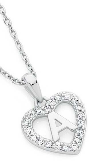 Sterling Silver Initial A in Cubic Zirconia  Heart Pendant