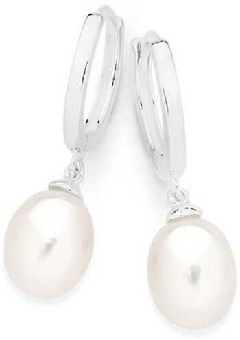 Sterling Silver Cultured Freshwater Pearl Drop On Huggie Earrings