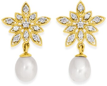 9ct Gold Cultured Freshwater Pearl & Diamond Flower Stud Earrings