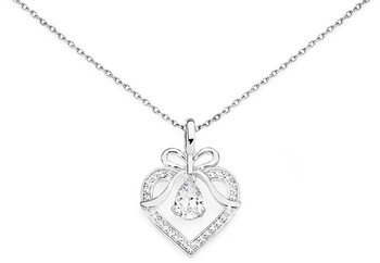 Sterling Silver Pear Cubic Zirconia in Heart with Bow Pendant