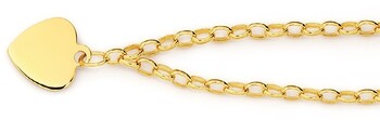 9ct Gold 19cm Solid Belcher Heart Charm Bracelet