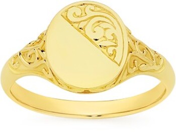 9ct Gold Filigree Engravable & Polished Oval Signet Ring