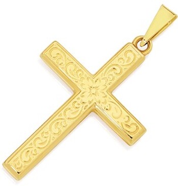 9ct Gold 25mm Hollow Filigree Engraved Cross Pendant