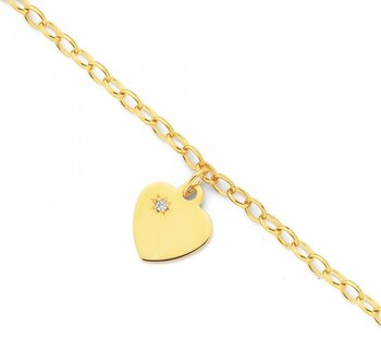 9ct Gold Kids 16cm Solid Belcher Diamond Heart Charm Bracelet