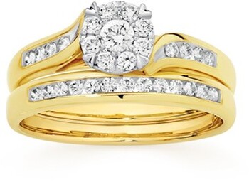 9ct Gold Diamond Round Brilliant Cut Cluster Swirl Bridal Set