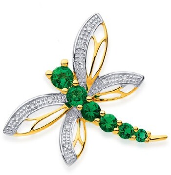9ct Gold Created Emerald & Diamond Dragonfly Pendant
