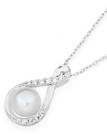 Sterling Silver Cultured Freshwater Pearl in Cubic Zirconia Infinity Pendant