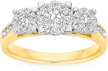 9ct Gold Diamond Cluster Trilogy Ring