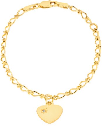 9ct Gold Children's 16cm Solid Figaro 1+1 with Diamond Heart Charm Bracelet