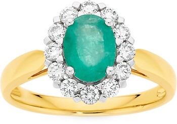 9ct Gold Emerald & 0.50ct Diamond Oval Cluster Ring