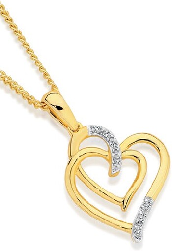 9ct Gold Diamond Double Linked Heart Pendant