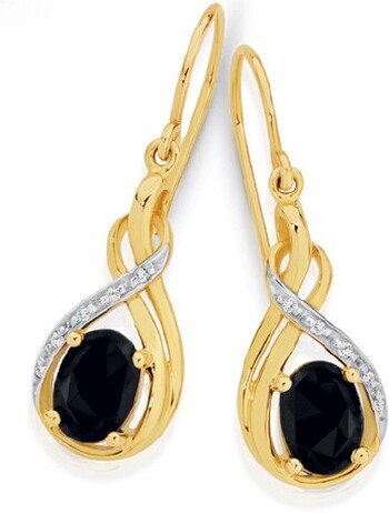 9ct Gold Natural Sapphire & Diamond Hook Earrings