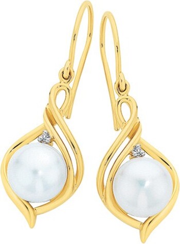 9ct Gold Cultured Freshwater Pearl & Diamond Hook Earrings