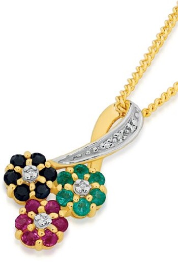 9ct Gold Created Sapphire, Ruby, Emerald & Diamond Slider Pendant