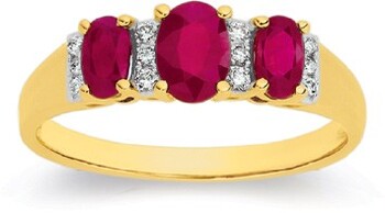 9ct Gold Ruby & .10ct Diamond Oval Trilogy Ring