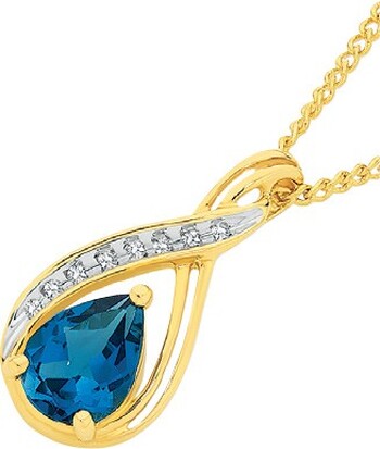 9ct Gold London Blue Topaz & Diamond Swirl Slider Pendant