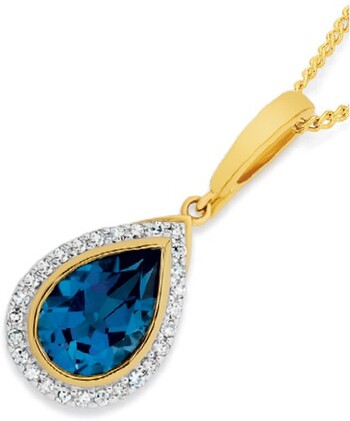 9ct Gold Blue Topaz & .20ct Diamond Pendant