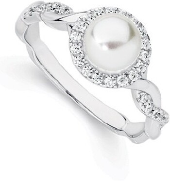 Sterling Silver Cultured Freshwater Pearl & CZ Twist Band Ring