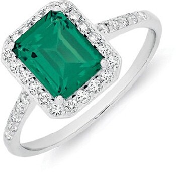 Sterling Silver Dark Green Emerald Cut Cubic Zirconia Cluster Ring