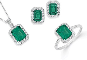Sterling Silver Green Cubic Zirconia Emerald Cut Pendant, Earrings & Ring Set