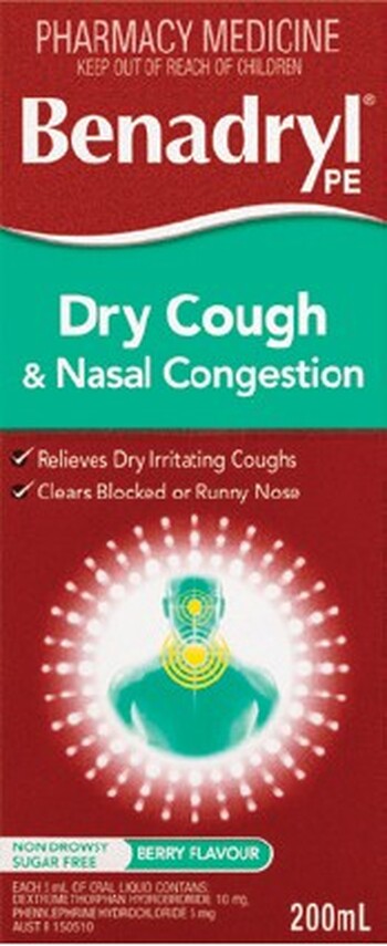 Benadryl PE Cough Liquid Dry Cough & Nasal Decongestant 200ml