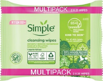 Simple Face Wipes Biodegradable 2 x 25 Pack