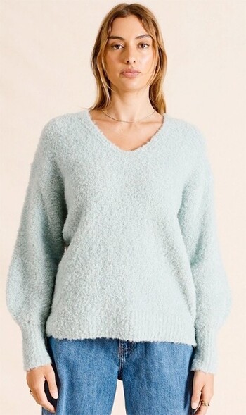 Piper V-Neck Boucle Jumper - Dusty Blue