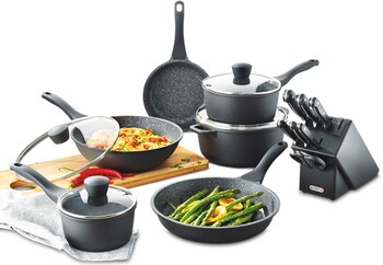 The Cooks Collective 6pc Classic Cookware Set and 9pc Knife Block