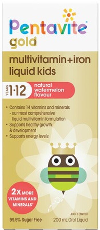 Pentavite Multivitamin + Iron Liquid for Kids 1-12 Years Watermelon Flavour 200mL