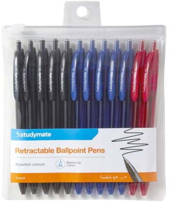 Studymate Retractable Ballpoint Pens 1mm Assorted 12 Pack