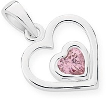 Sterling Silver Pink Cubic Zirconia Heart Inside Heart Pendant