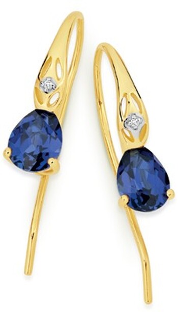 9ct Gold Created Sapphire & Diamond Hook Earrings