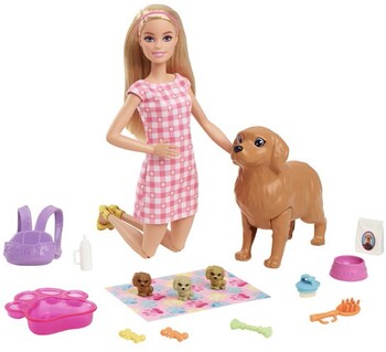 Barbie Doll and Newborn Pups Playset