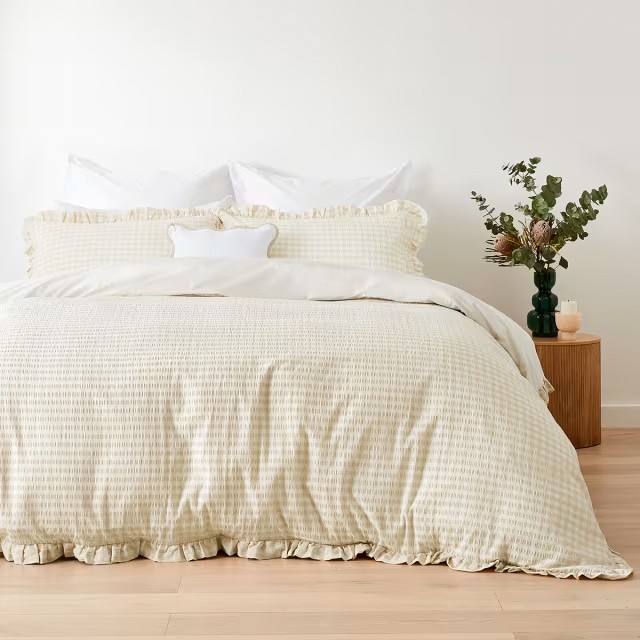 Gingham Ruffle Cotton Quilt Cover Set Super King Bed Sand